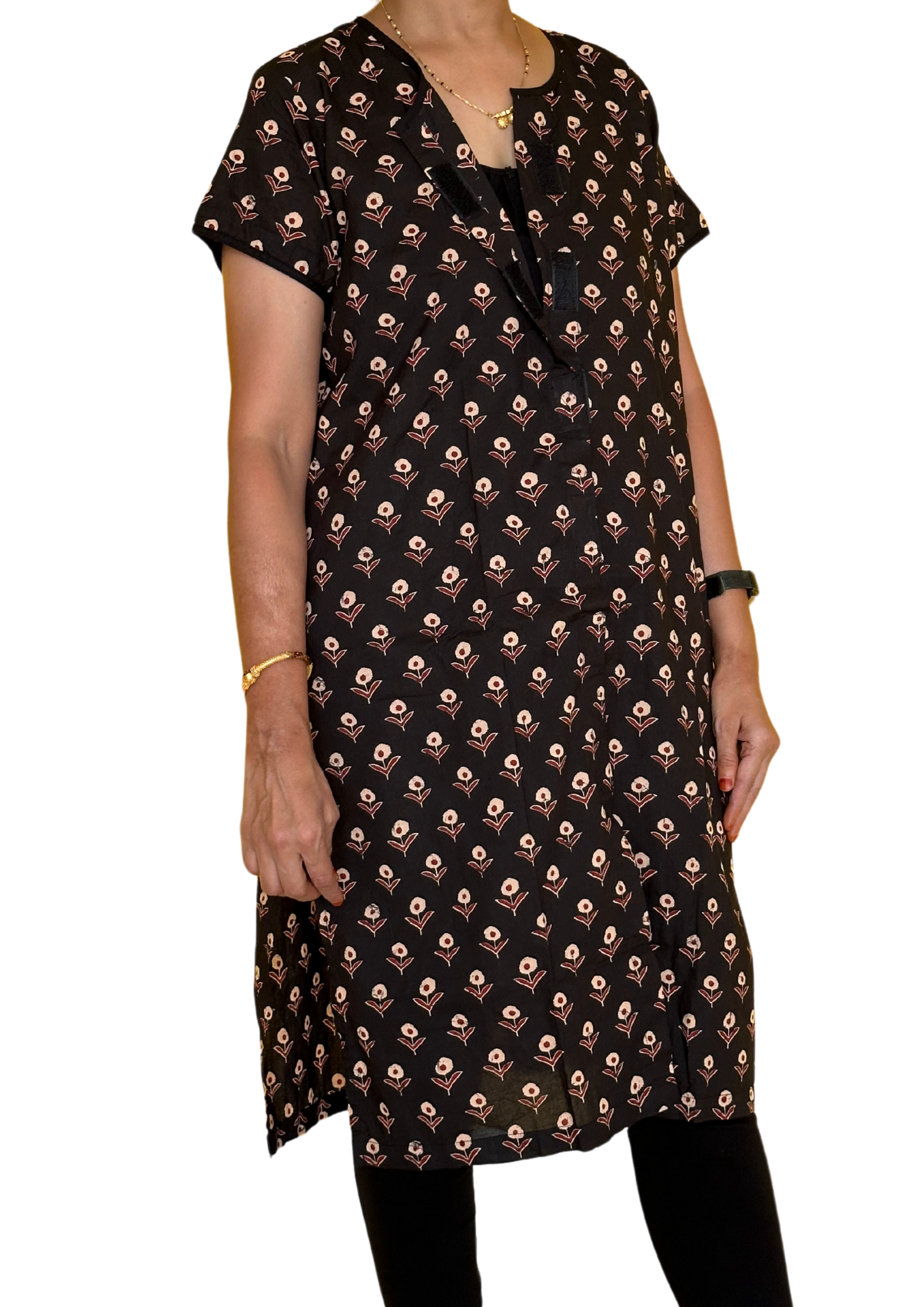 Fully front open kurti in black color with red flowers