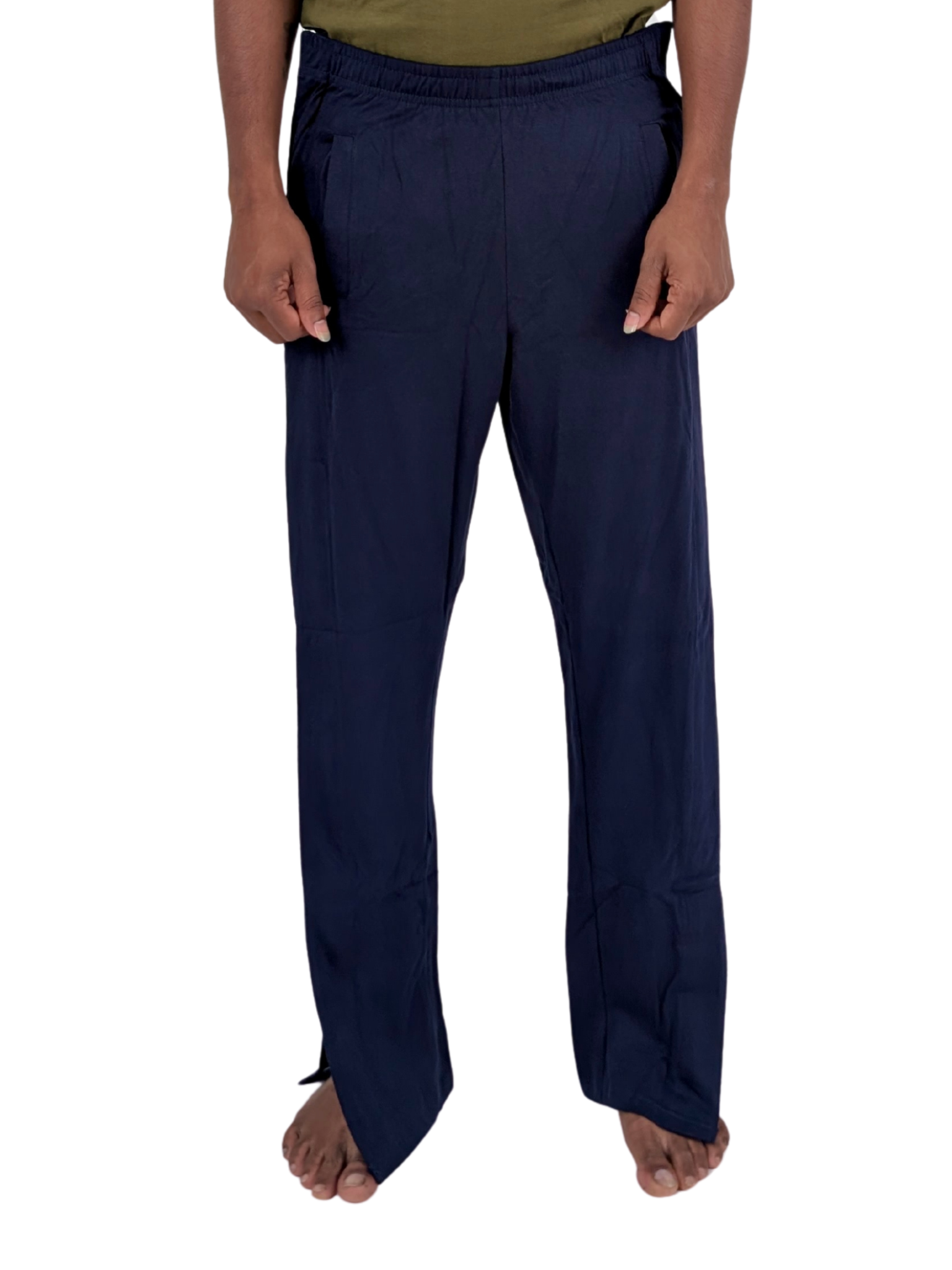 Navy blue pants worn by a person on a white background