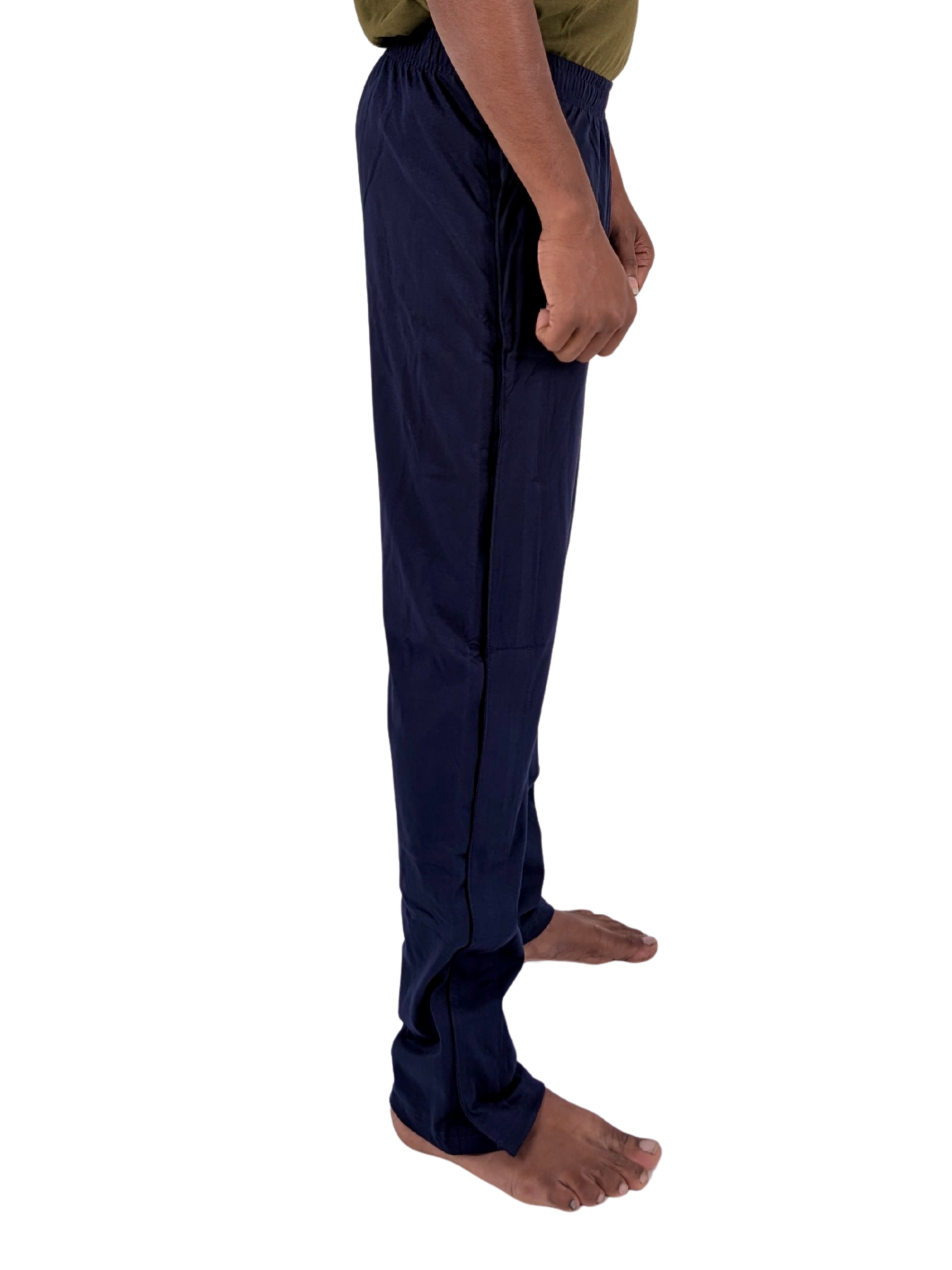 Navy blue pants worn by a person on a white background