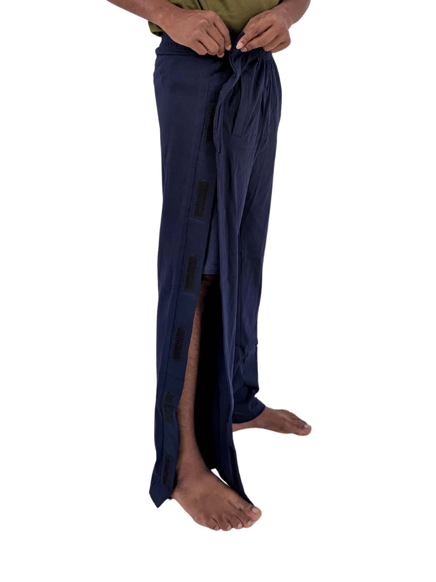 Navy blue wrap-around garment on a person against a white background