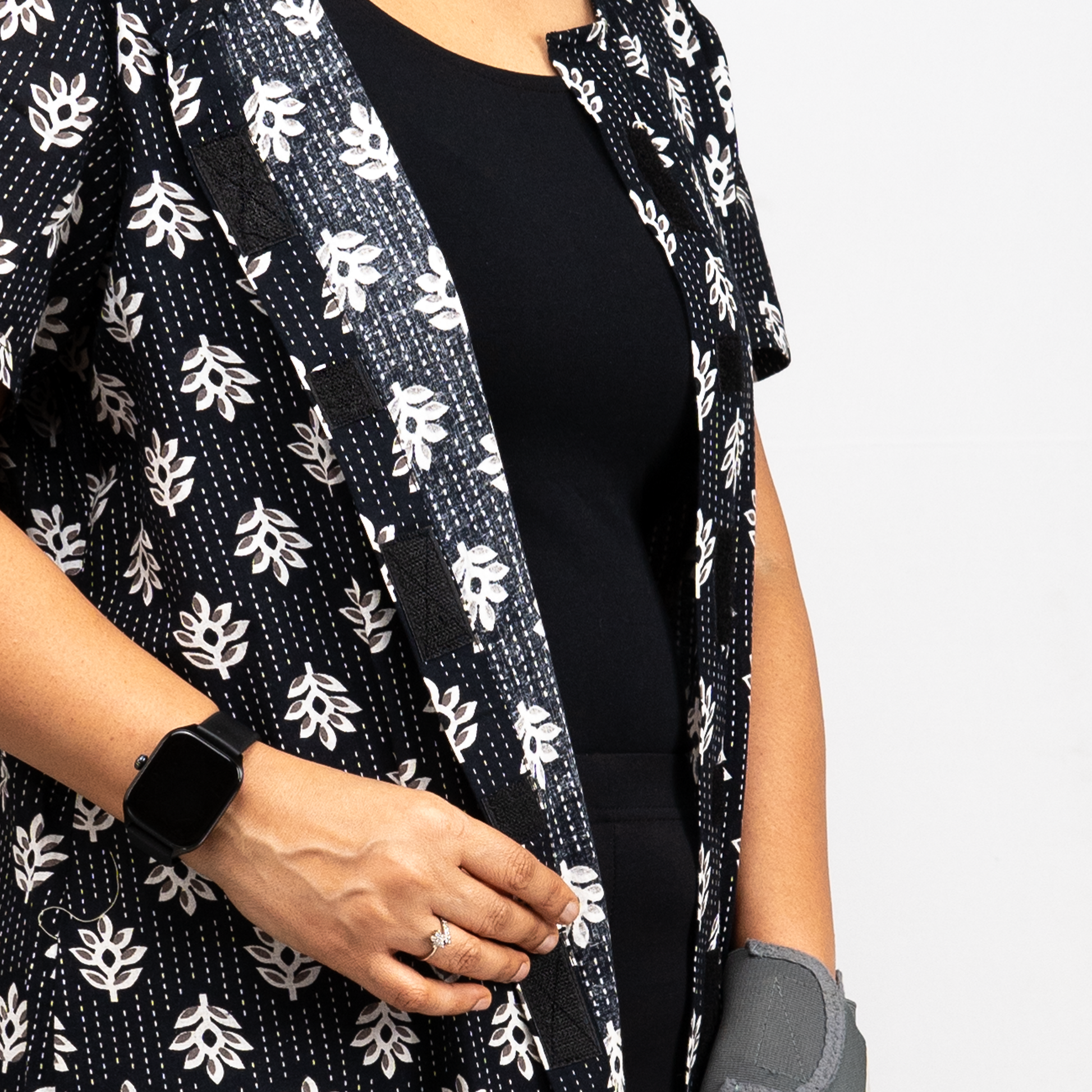 fully front open kurti black colour with white print