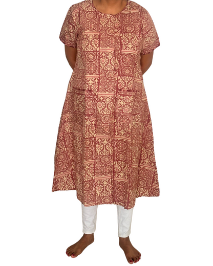 Fully front open gown with large front pokcets in dark pink block print