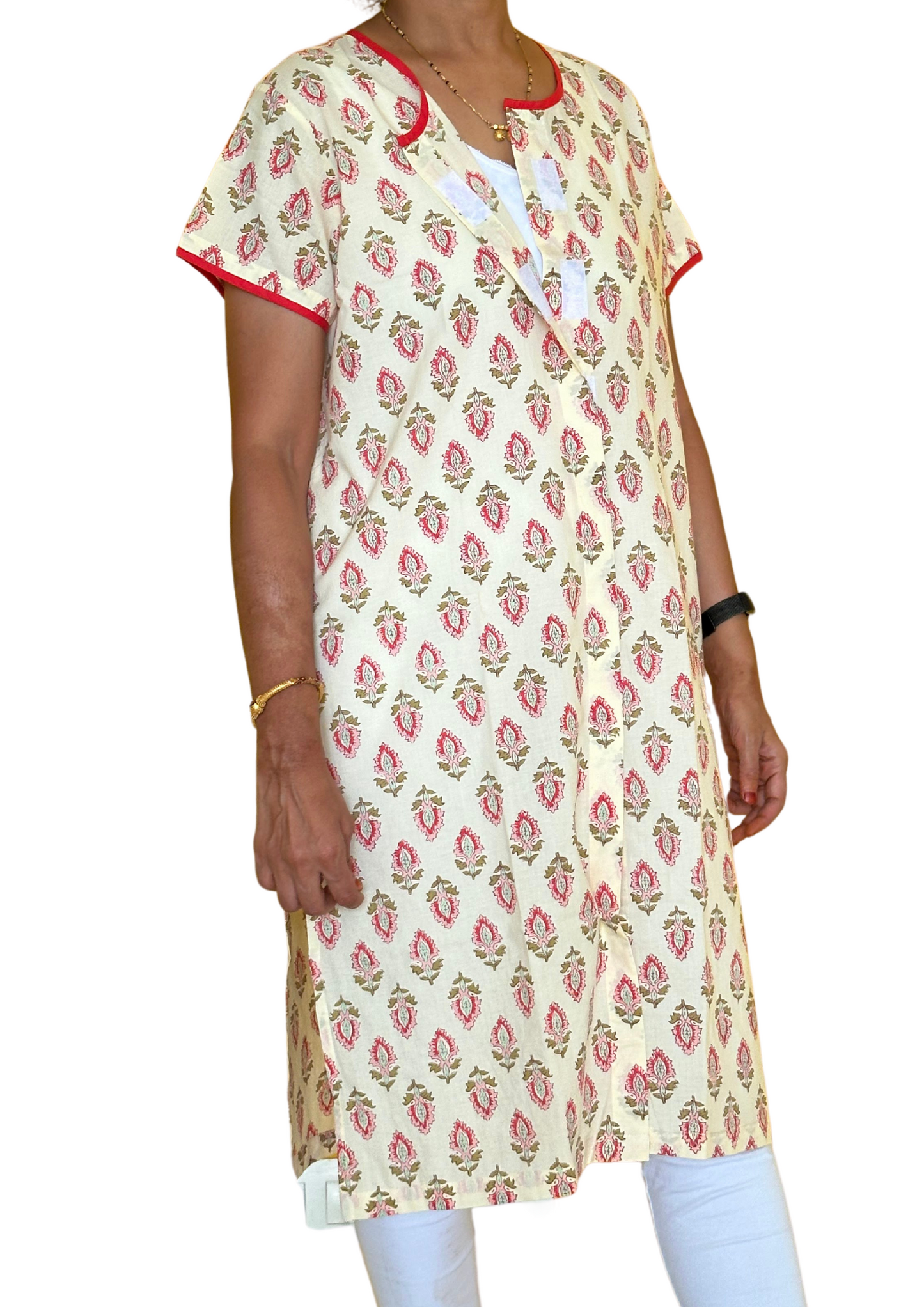 Fully front open kurti in cream color with floral designs