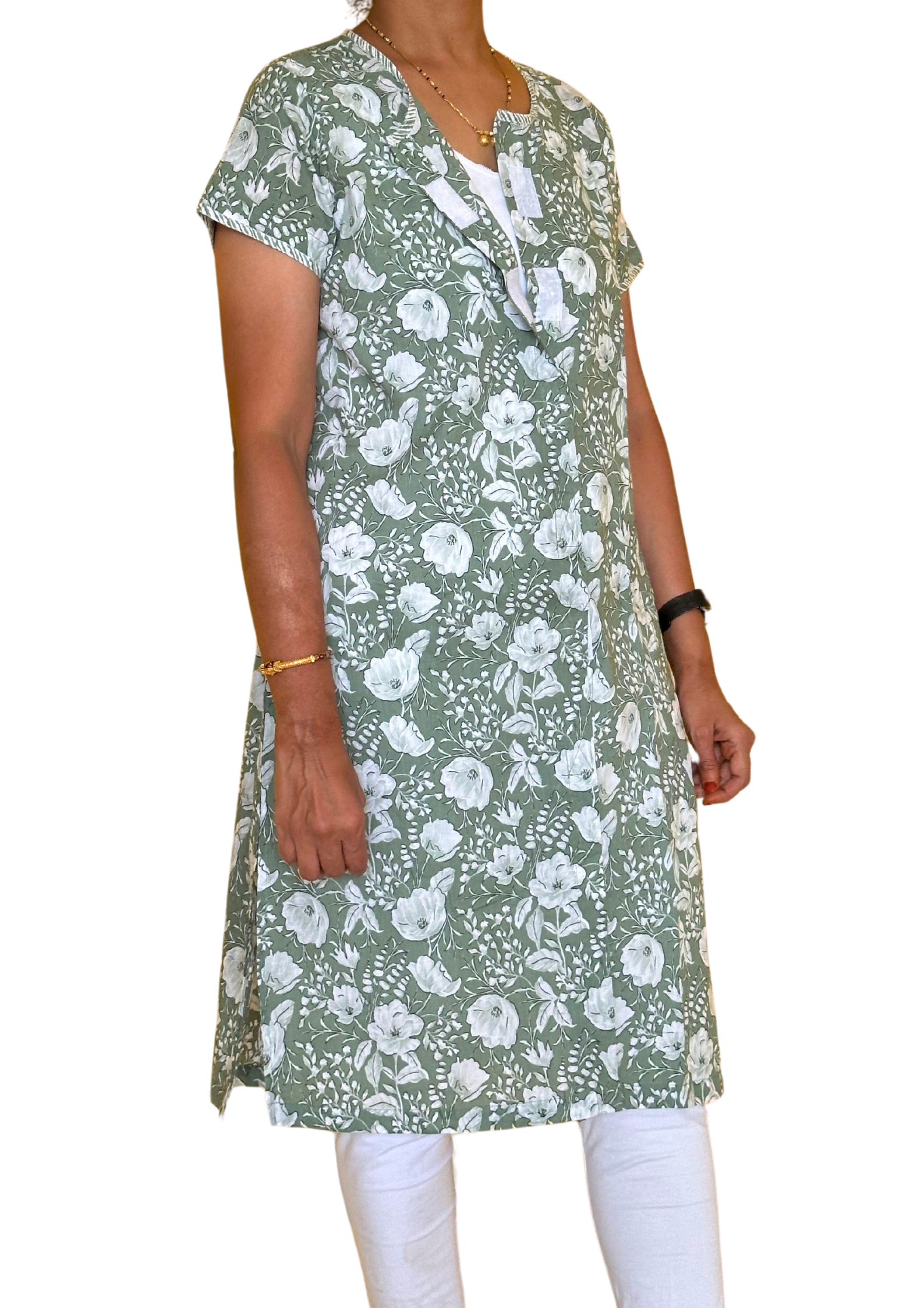 Fully front open kurti in green with floral prints