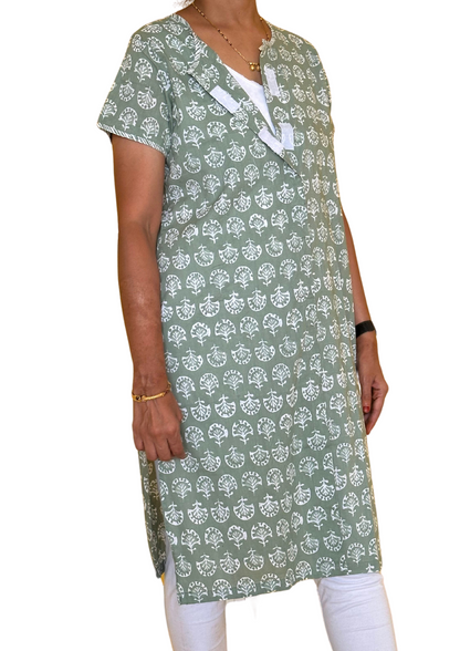 Fully front open kurti in green color with white prints