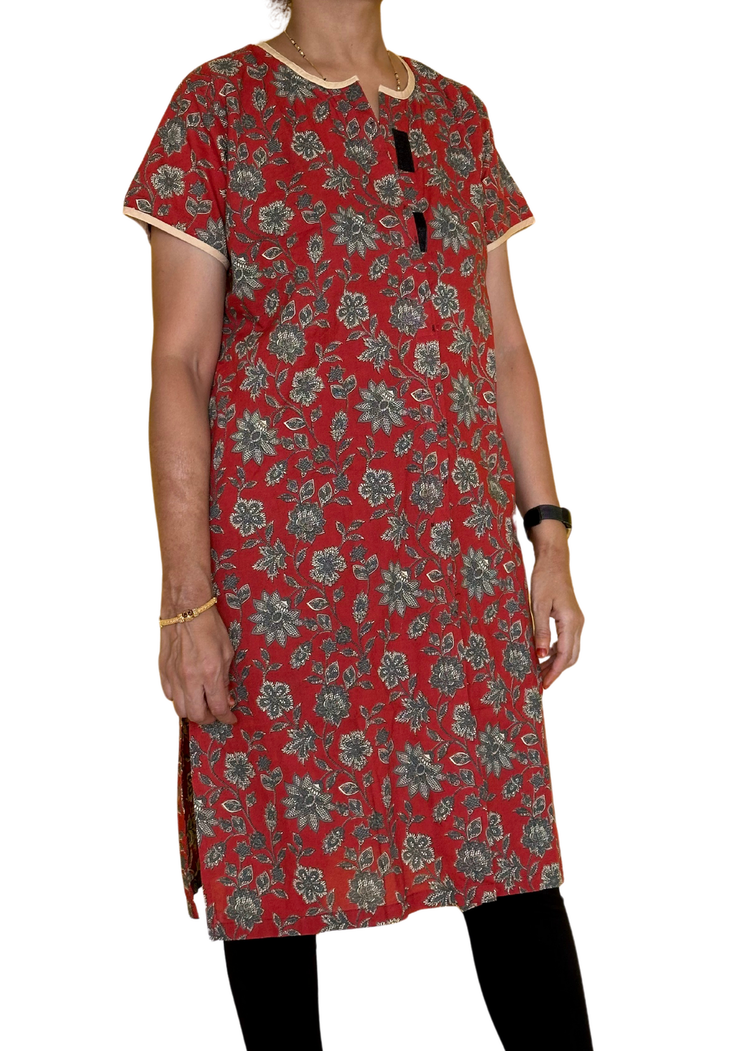 Fully front open kurti in red color with floral print