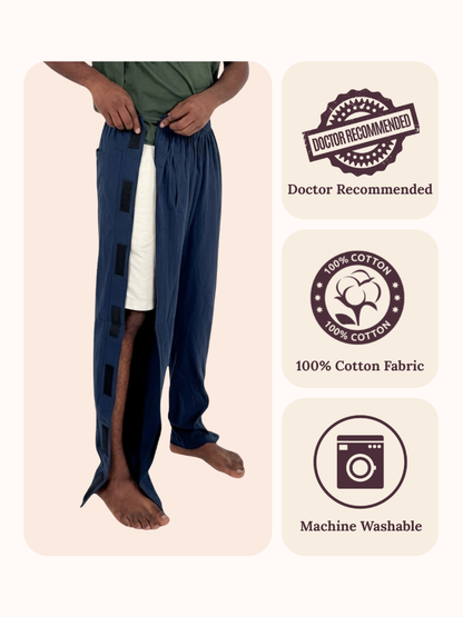 Person wearing blue pants with 'Doctor Recommended', '100% Cotton Fabric', and 'Machine Washable' labels displayed.