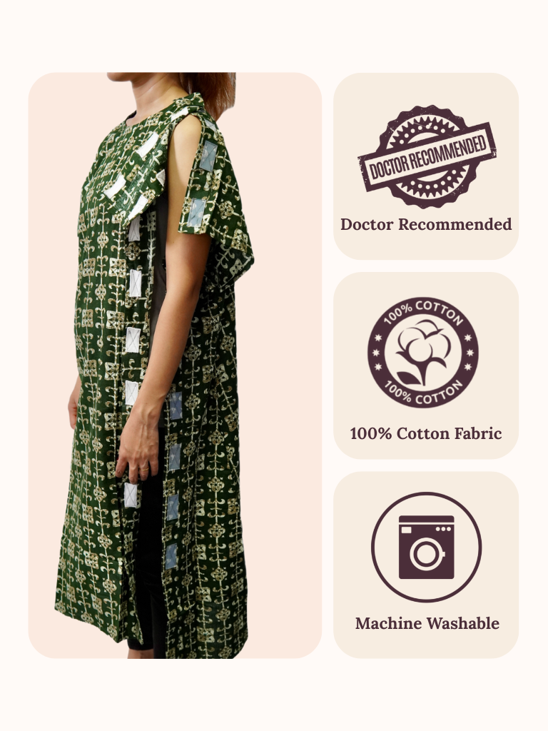 Green patterned dress with 'Doctor Recommended', '100% Cotton Fabric', and 'Machine Washable' labels.